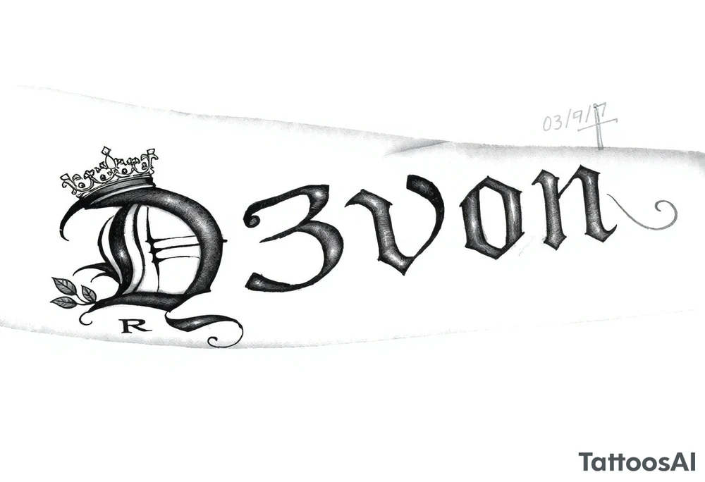 Name D3von spelt going down my arm with a crown and rose and cross and 03/27/07 tattoo idea