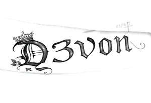 Name D3von spelt going down my arm with a crown and rose and cross and 03/27/07 tattoo idea