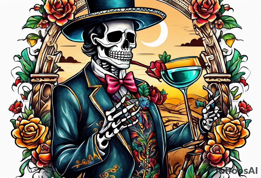 Mexico day of dead  man standing
 skeleton drink tattoo idea