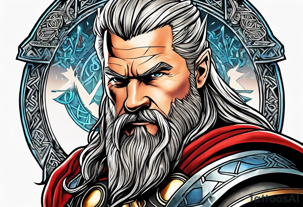 Thor with viking runes in the background as a vignette tattoo idea