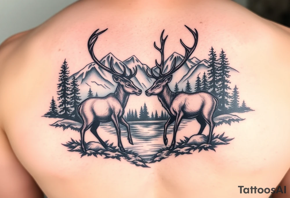 Quarter sleeve arm tattoo Black and grey realism Nature scene with two stags fighting in the foreground include mountains water and trees tattoo idea