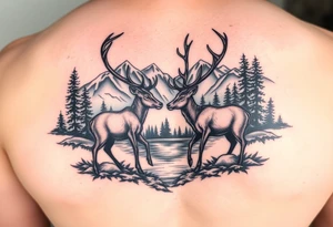 Quarter sleeve arm tattoo Black and grey realism Nature scene with two stags fighting in the foreground include mountains water and trees tattoo idea