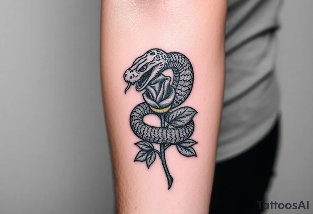 powerful majestic snake wrapped around rose stem tattoo idea
