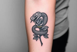 powerful majestic snake wrapped around rose stem tattoo idea