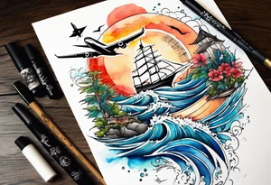 Travel themed for thigh, compass rose overlaid with a landmarks in and around it, spilled watercolor and tiny jet plane silhouette and a tiny motor boat in the water tattoo idea