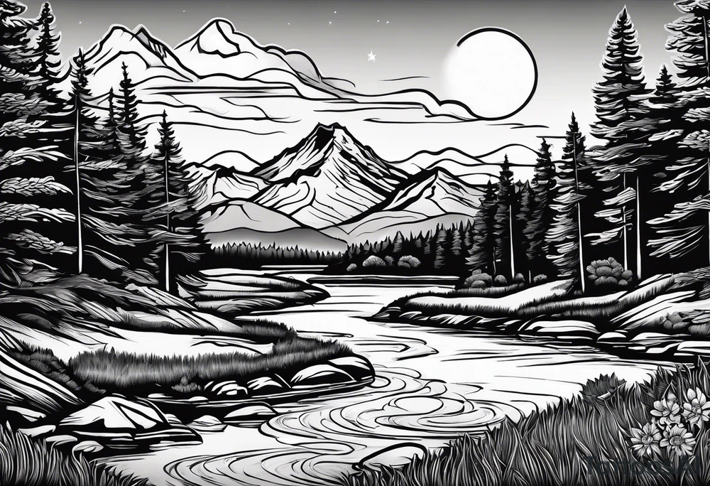 Mountain scene with a river with a subtle peace sign as the sun. Use the words IT IS WELL written in the scene tattoo idea