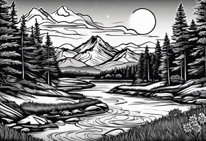 Mountain scene with a river with a subtle peace sign as the sun. Use the words IT IS WELL written in the scene tattoo idea