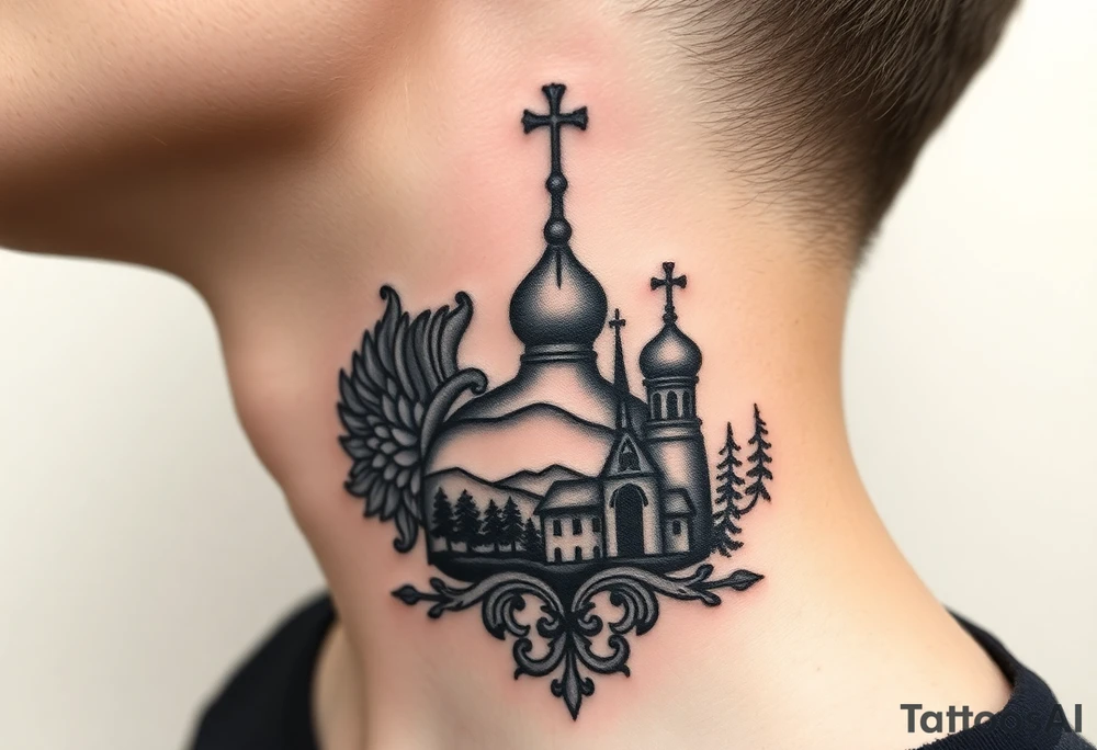 Traditional authentic Russian coat of arms with a Christian orthodox virgin marry in the middle and silhouette in a Russian wilderness Christian orthodoxy dome church village setting on the side of my neck tattoo idea
