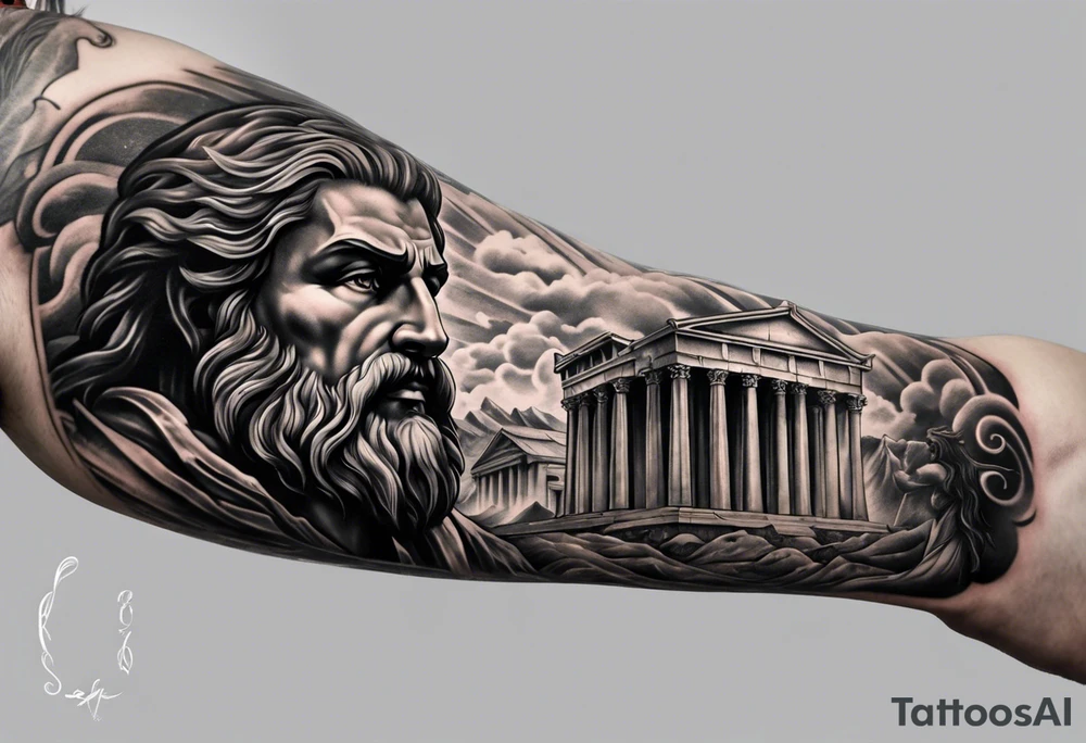 Half sleeve on the right arm with zeus and some text that goes along with it and you can add some Sparta maybe or some building temple of zeus tattoo idea