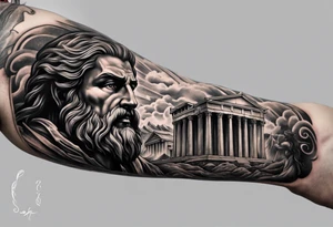Half sleeve on the right arm with zeus and some text that goes along with it and you can add some Sparta maybe or some building temple of zeus tattoo idea