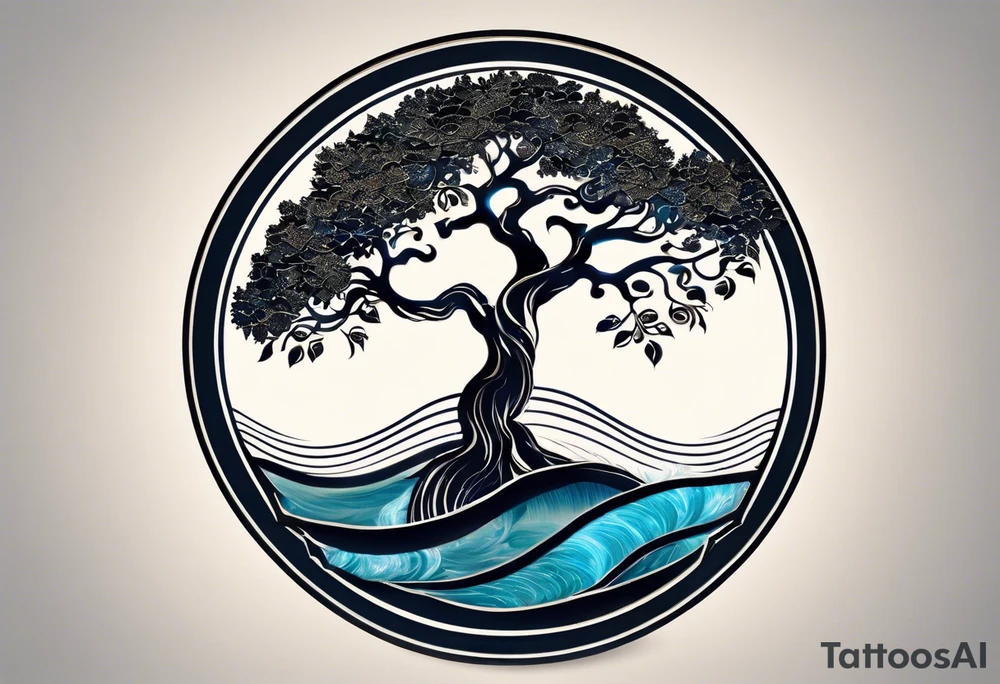 an abstract Tree of Life tattoo. It should have roots growing out of the bottom. The roots slowly turn into water from the Great Wave by Hokusai. A golf flag should be placed discreetly growing out of the ground. 2 license plate tags should be hanging from the tree. Place a few music notes in the areas the leaves should be. The letters A U should be engraved into the tree trunk in a heart. tattoo idea