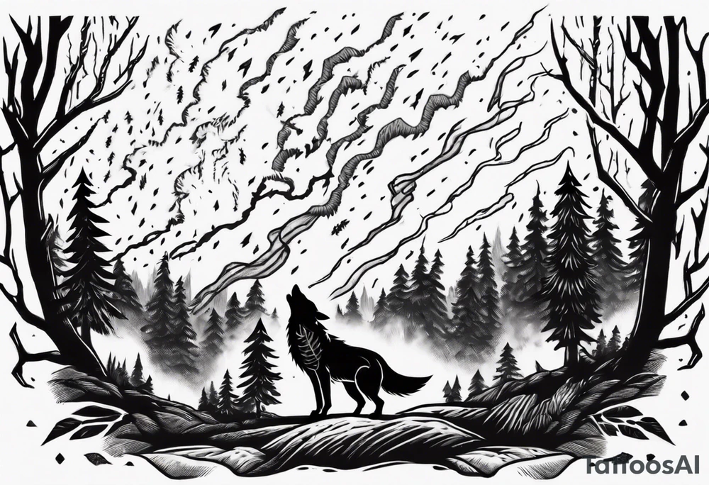 lightning storm over a forest with a distant wolf howling tattoo idea lightning storm over a forest with a distant wolf howling tattoo idea
