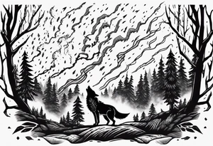 lightning storm over a forest with a distant wolf howling tattoo idea