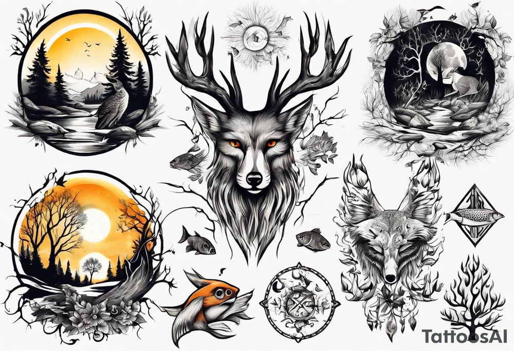 sonne, eule  wald, fuchs 
baum, sapere aude, Wasser, fisch tattoo idea
