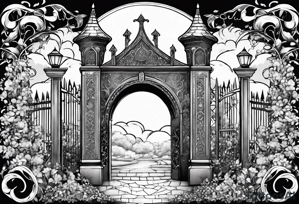 night medieval town garden gate entrance 
 in circle vignette surrounded by clouds floral tattoo idea