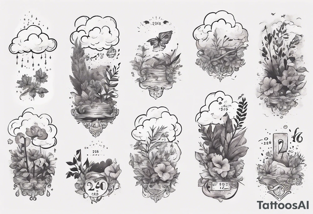 a forearm tattoo with a cloud with little plants and underneath it the date 12.08.05 tattoo idea