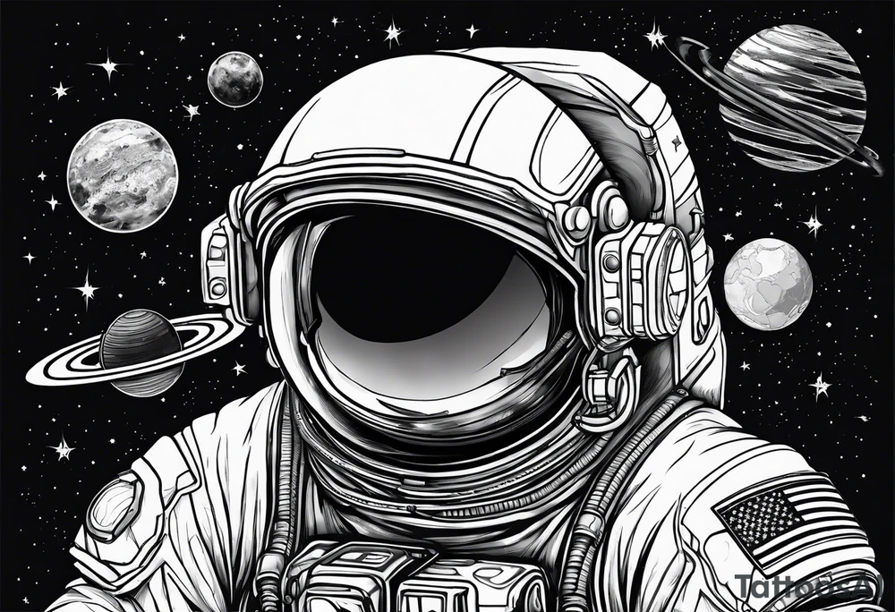 An astronaut floating in space with planets around him tattoo idea