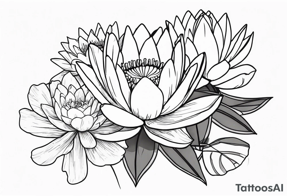 Larkspur and water lily bouquet with stems tattoo idea