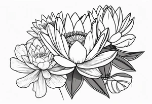 Larkspur and water lily bouquet with stems tattoo idea