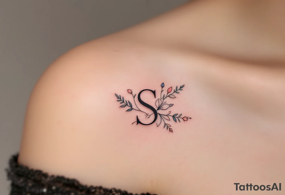 A minimalist black "S" outlined with fine-line flowers in soft pastel tones on finger. tattoo idea