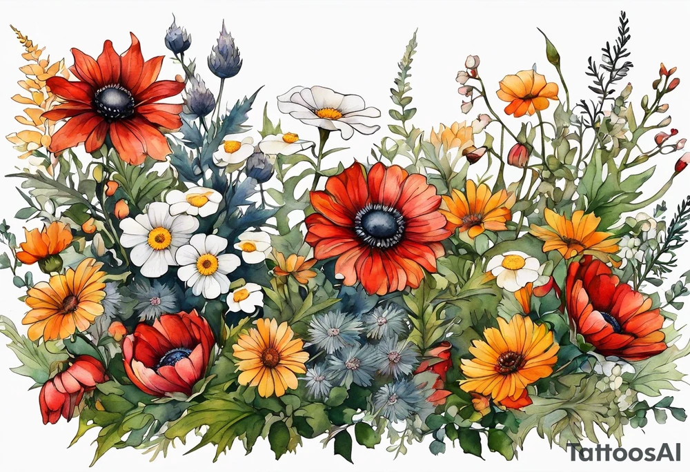 simple wildflowers cascading with thistles, ferns, white anemones, sun flowers, red flowers, black flowers, buttercups, orange flowers, babys breath and daisies all in watercolor tattoo idea