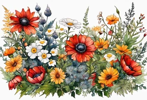 simple wildflowers cascading with thistles, ferns, white anemones, sun flowers, red flowers, black flowers, buttercups, orange flowers, babys breath and daisies all in watercolor tattoo idea