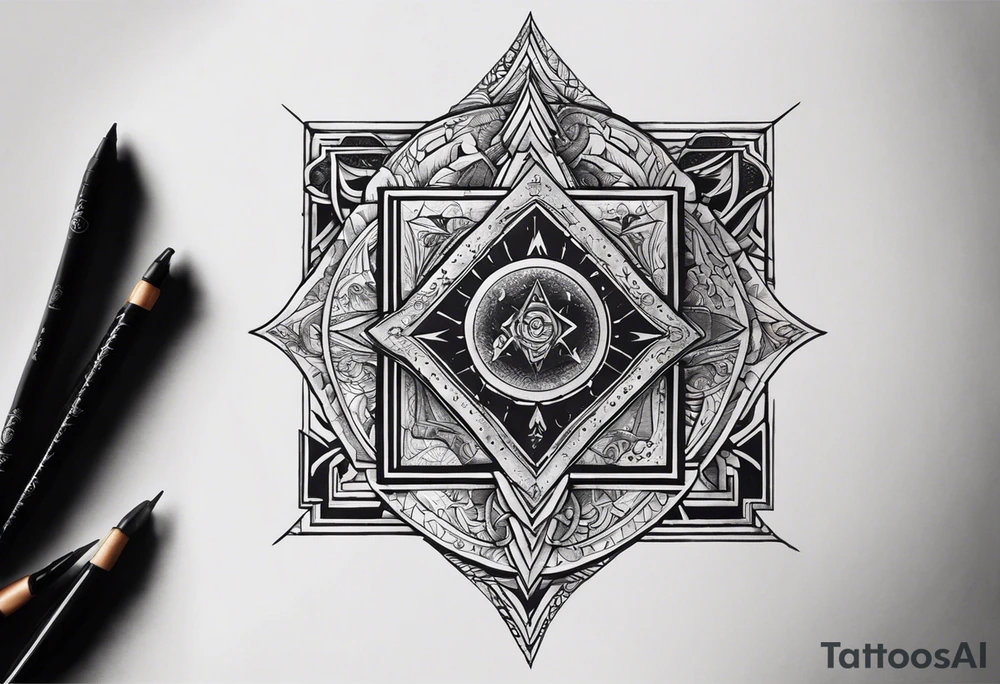 I want a mysterious enigmatic tattoo, with mysterious symbols and phrases, with the meaning of curiosity about conspiracy theories, the future, and the past, something that completes the upper part of the arm that is between the middle of the arm and the shoulder tattoo idea