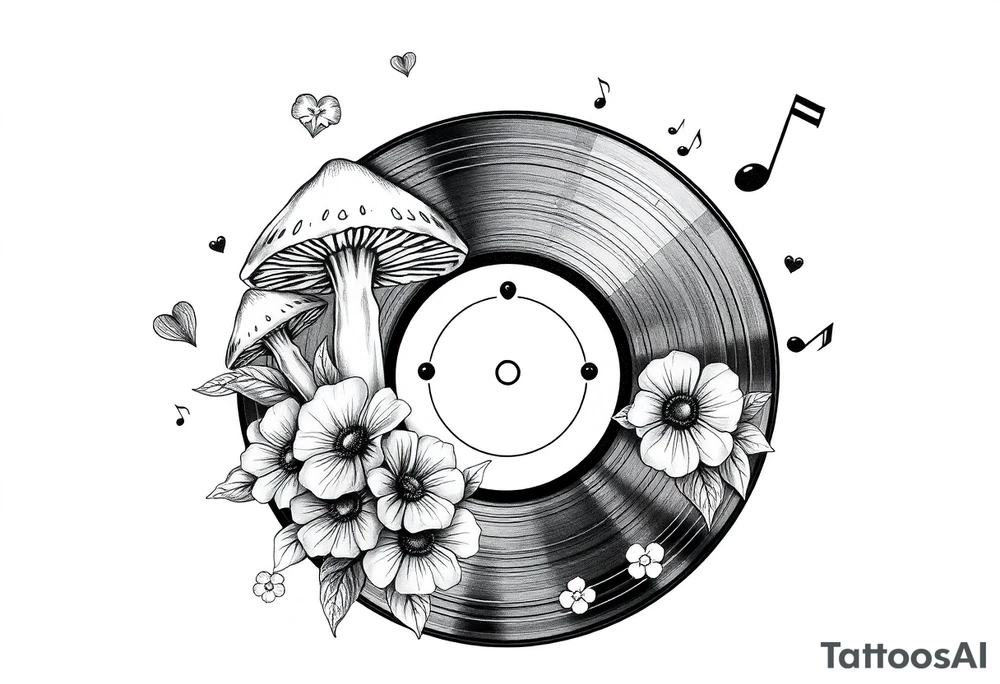 vinyl record with mushrooms, flowers, hearts, and music notes tattoo idea