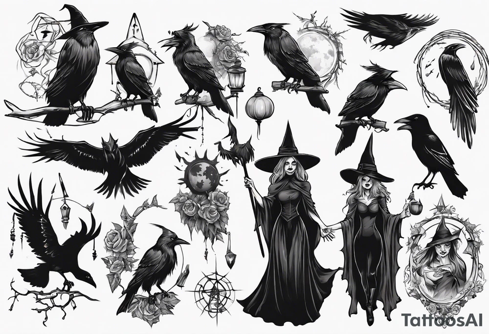 witch with crows tattoo idea