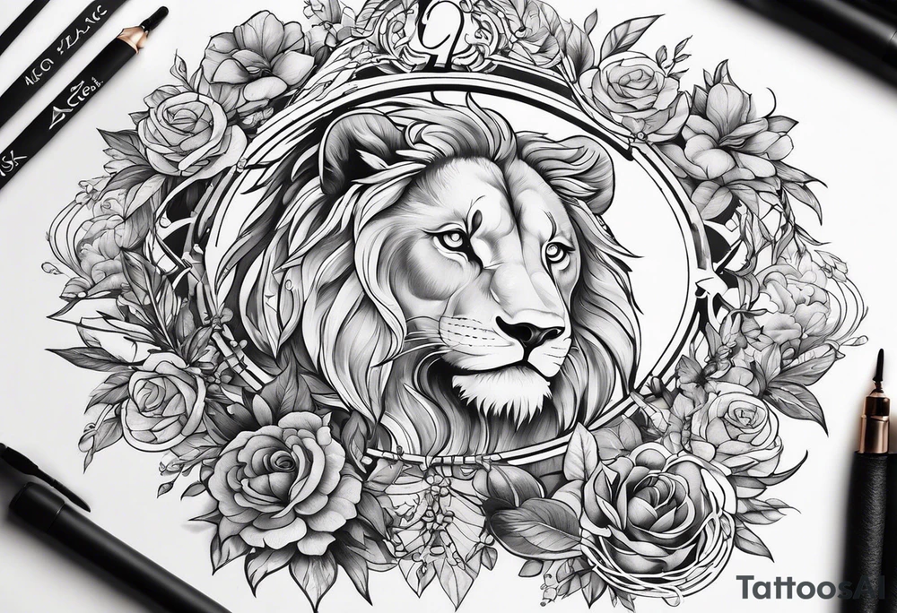 A tattoo in delicate style, so gentle. The zodiac sign, Leo. The sketch should include fire, something delicate like that, and the numbers 7 and 8. tattoo idea