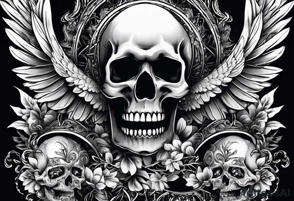 See no evil hear no evil speak no evil with skull heads with angel wings wrapped around them tattoo idea