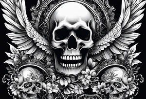 See no evil hear no evil speak no evil with skull heads with angel wings wrapped around them tattoo idea