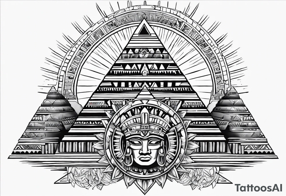 aztec sun background with pyramid in front with two aztec warriors on each side tattoo idea