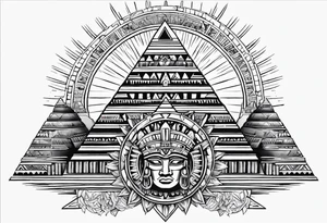 aztec sun background with pyramid in front with two aztec warriors on each side tattoo idea