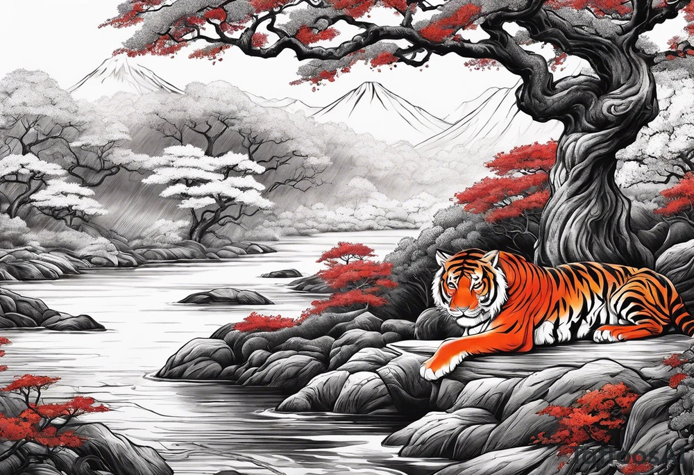 Red japanese oak tree next to a river with a tiger sitting next to it as a sleeve tattoo idea