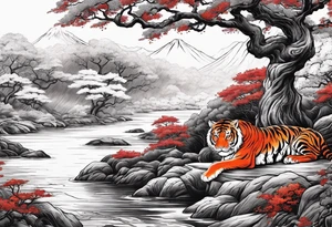 Red japanese oak tree next to a river with a tiger sitting next to it as a sleeve tattoo idea