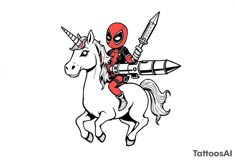 Deadpool riding cartoon unicorn holding Russian era Rocket tattoo idea