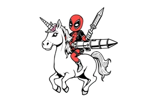 Deadpool riding cartoon unicorn holding Russian era Rocket tattoo idea