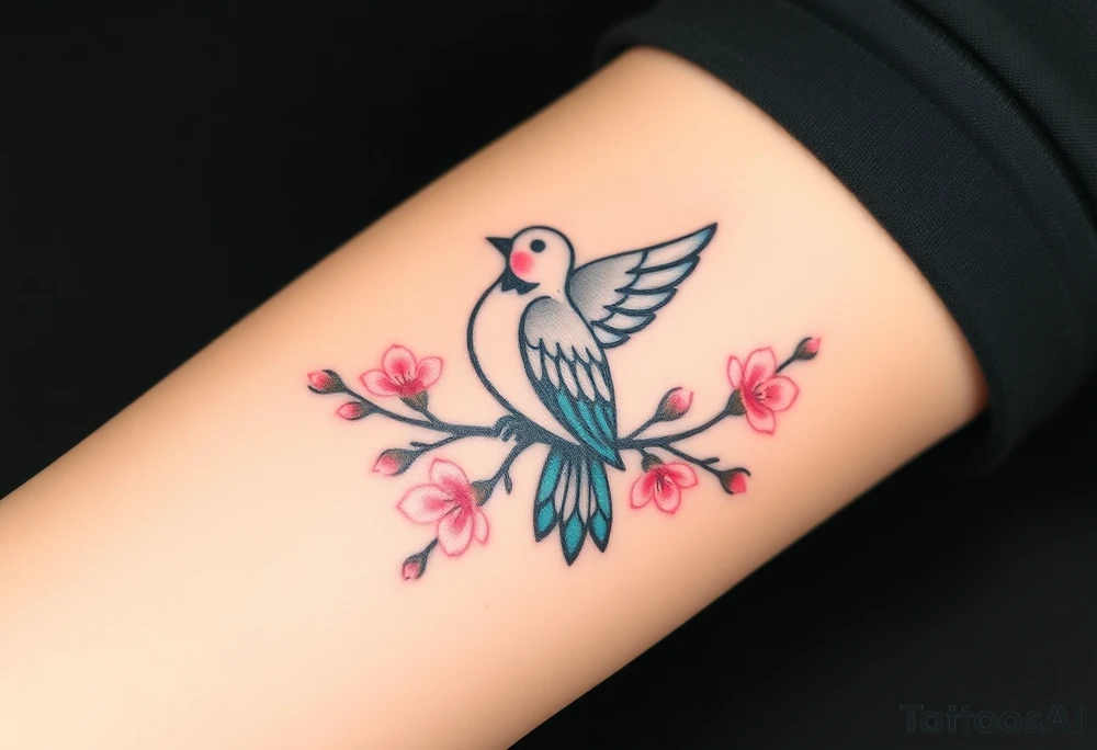 A collared dove perched on a blooming branch of cherry blossoms, with soft pink and white flowers, and the dove in gray with subtle blue accents, symbolizing renewal and peac tattoo idea