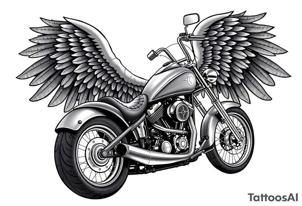 Low rider grey motorcycle, big muffler pipes with flames, angel wings, driving away, no person tattoo idea