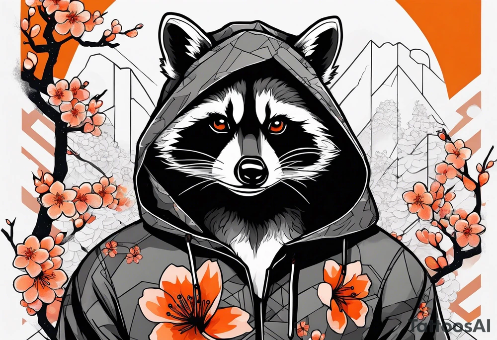 raccoon wearing a black and white Superman hoodie and orange Japanese cherry blossoms tattoo idea
