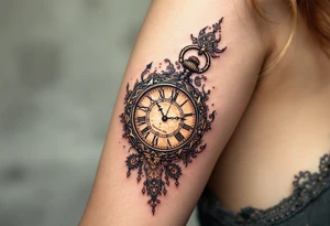 Ornate pocket watch tattoo showing 13:37 and "Veronika – 2.9.2016" in warm sepia tones. tattoo idea