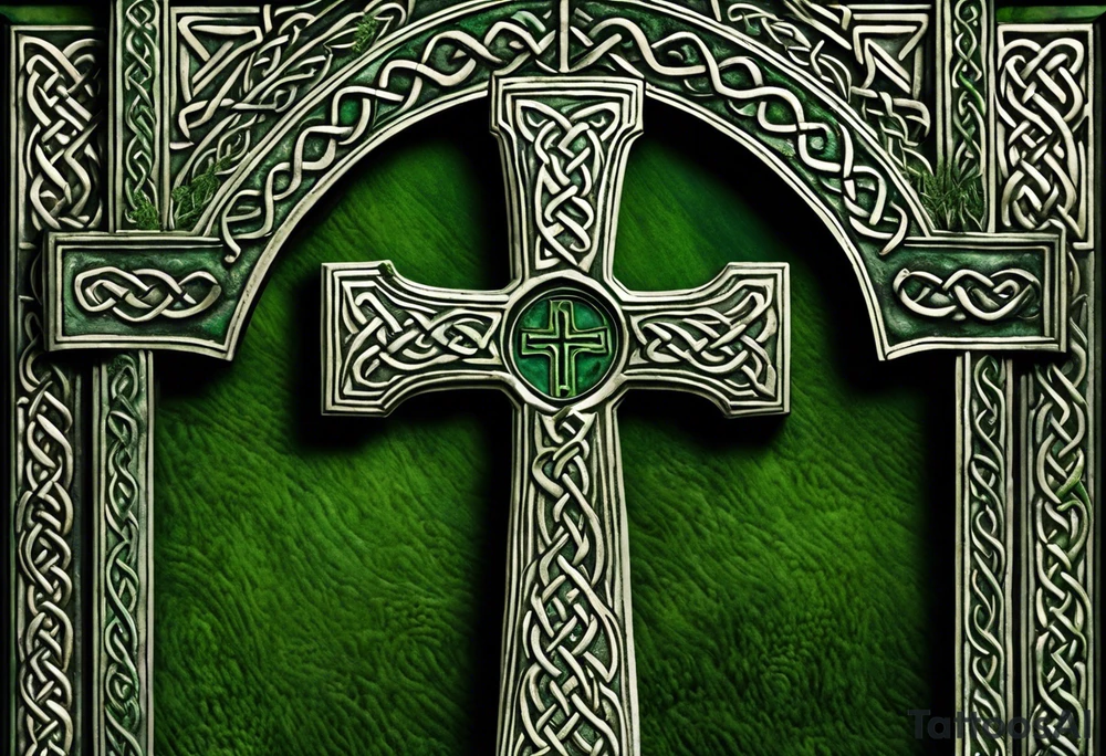 A large, weathered stone Celtic cross standing proudly atop a lush green hill, its four arms stretching skyward. The cross is intricately carved with intertwining knots and spirals, reflecting the artistry of the ancient Celts. A large raven sits perched at the intersection of the cross's arms, its ebony feathers gleaming in the soft light. The bird's eyes seem to hold a wisdom beyond its years, as if it has been witness to countless generations come and gone. tattoo idea
