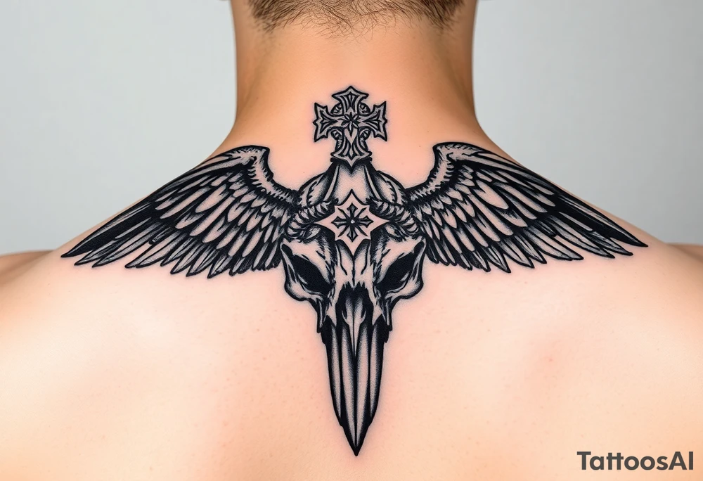 Leviathan cross etched on the skull of a raven tattoo idea