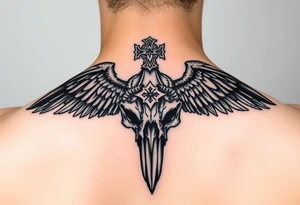 Leviathan cross etched on the skull of a raven tattoo idea