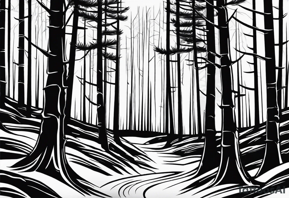 Tattoo with the words "see the forest for the trees" in any style font, around a tree in any way. black and white, tattoo, simple, elegant, pine tree, fine-line, easy to read tattoo idea