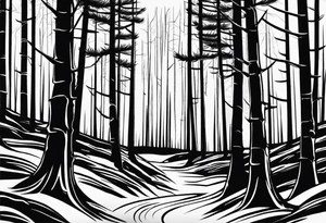 Tattoo with the words "see the forest for the trees" in any style font, around a tree in any way. black and white, tattoo, simple, elegant, pine tree, fine-line, easy to read tattoo idea