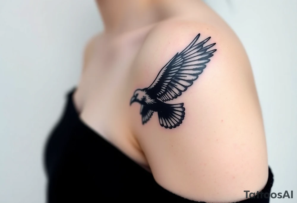 A detailed raven in mid-flight, wings spread wide with intricate feather patterns, symbolizing Tris’s journe and name TRIS tattoo idea