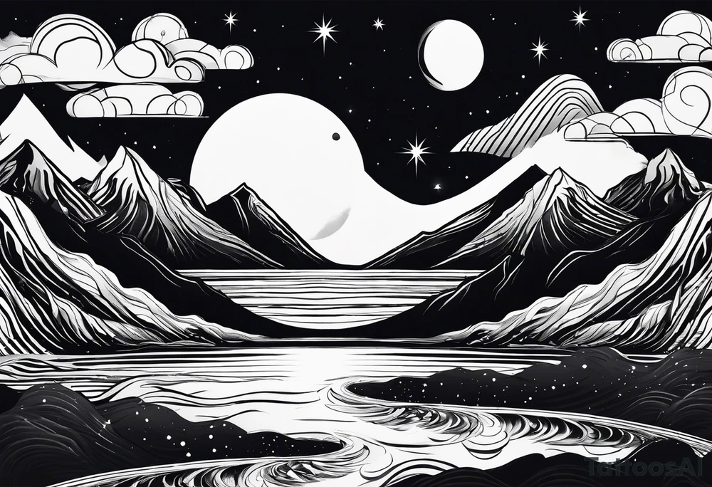 A moon that Drips at the bottom Surrounded by Mountains and waves. tattoo idea