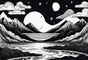 A moon that Drips at the bottom Surrounded by Mountains and waves. tattoo idea